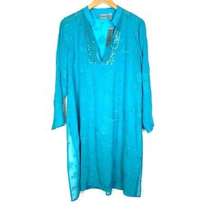 FINAL SALE Chico’s I DO I DO Darla Embroidered Turquoise Silk Swim Cover (Flaw)